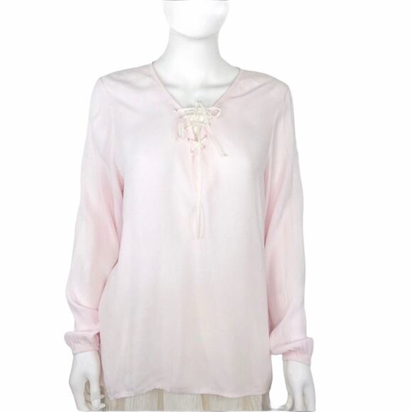Dr. Bloom Pink V-neck Crept Tie Front Peasant Blouse - Picture 2 of 4